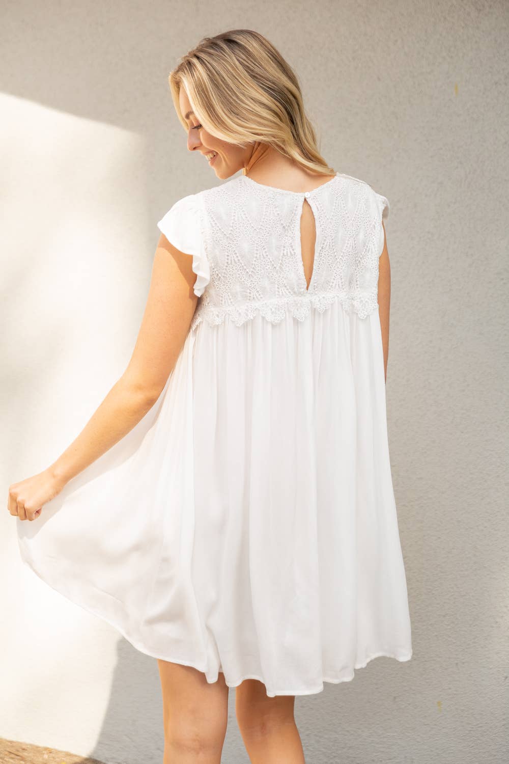 Coming soon!Scallop Laced Yoke Ruffle Sleeve Dress