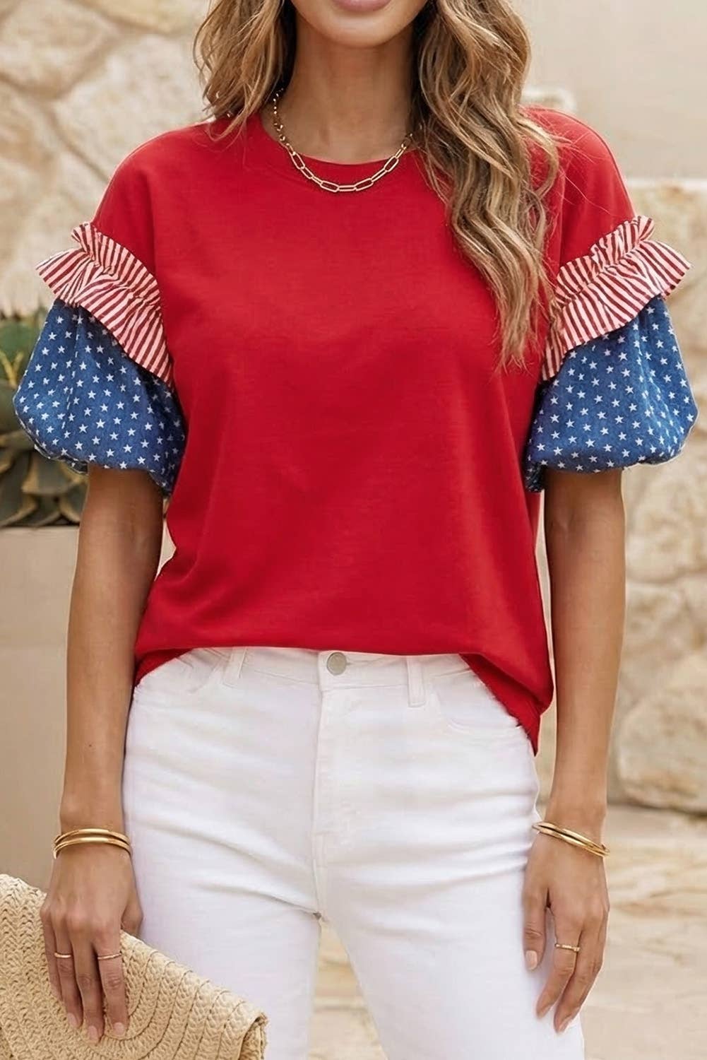 Stars Stripes Round Neck Short Puff Sleeve
