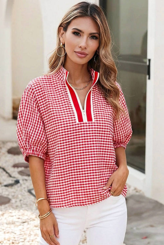 Plaid Short Sleeve Colorblock Trim Split Neck Blouse