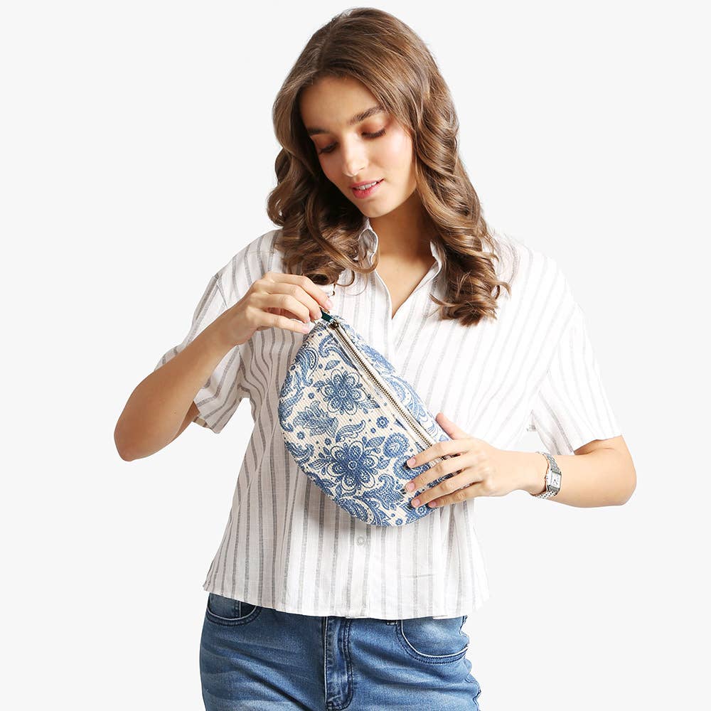 Boho Abstract Embroidered Crossbody Belt Bag / Fanny Pack: PINK GREEN