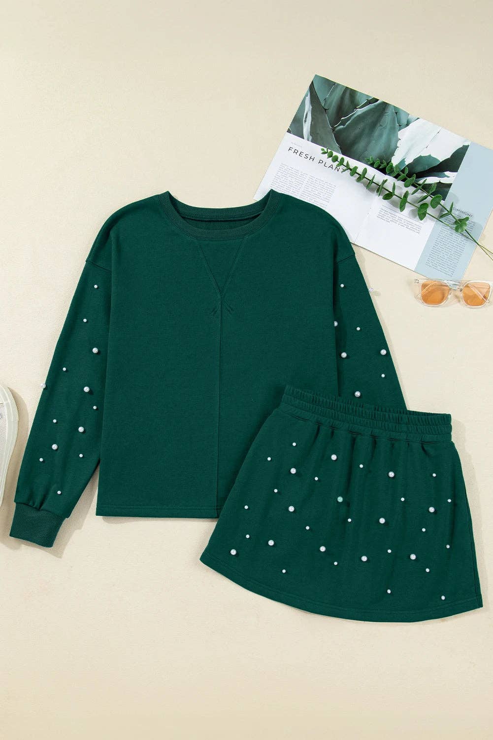Green Pearl Embellished Drop Shoulder Pullover Elastic Waist Mini Skirt Set