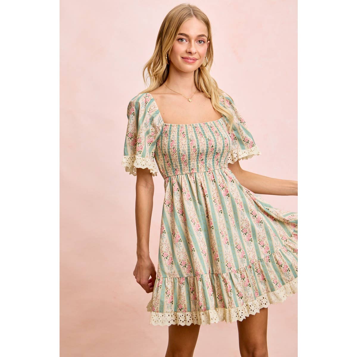 STRIPED FLORAL PRINT SMOCKED DRESS WITH TRIM