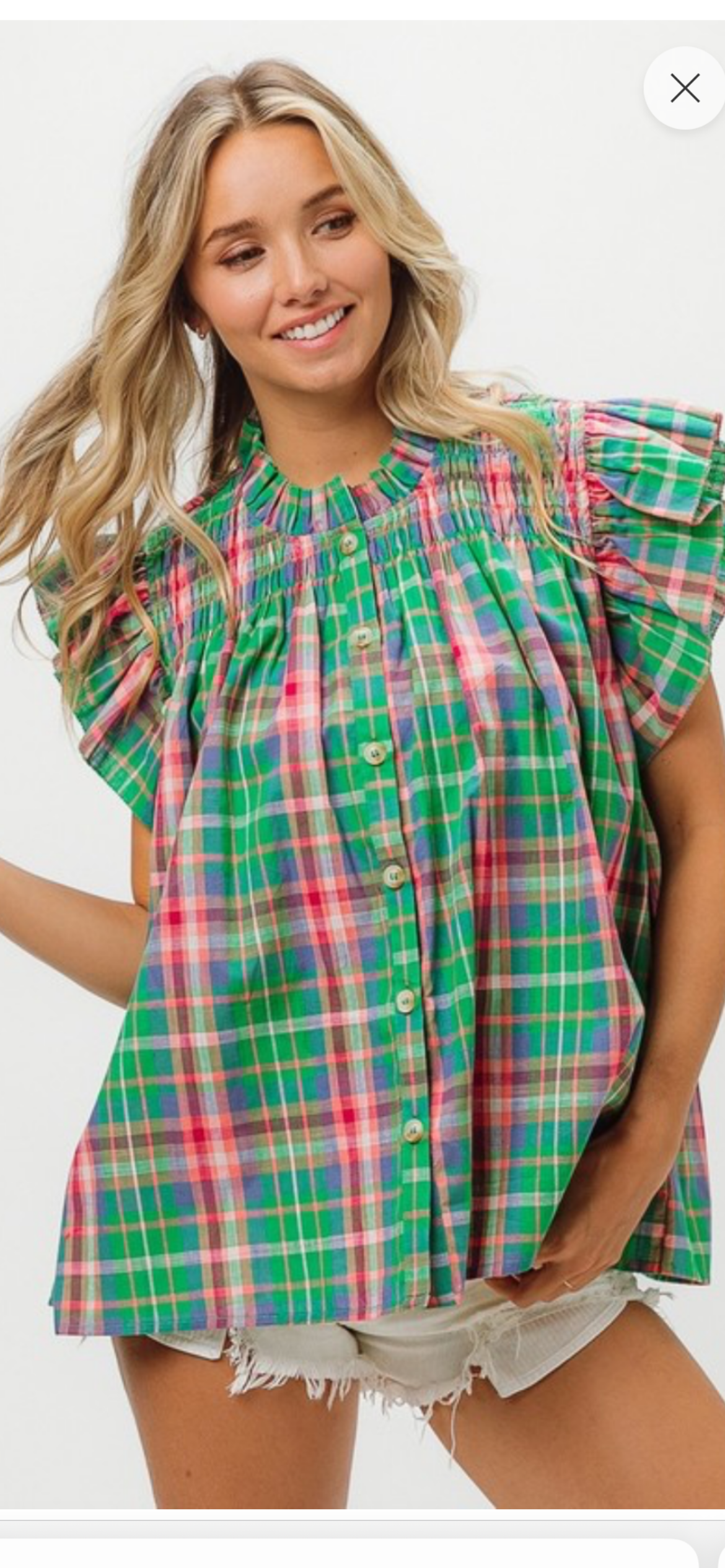 Multi  plaid flutter sleeve top