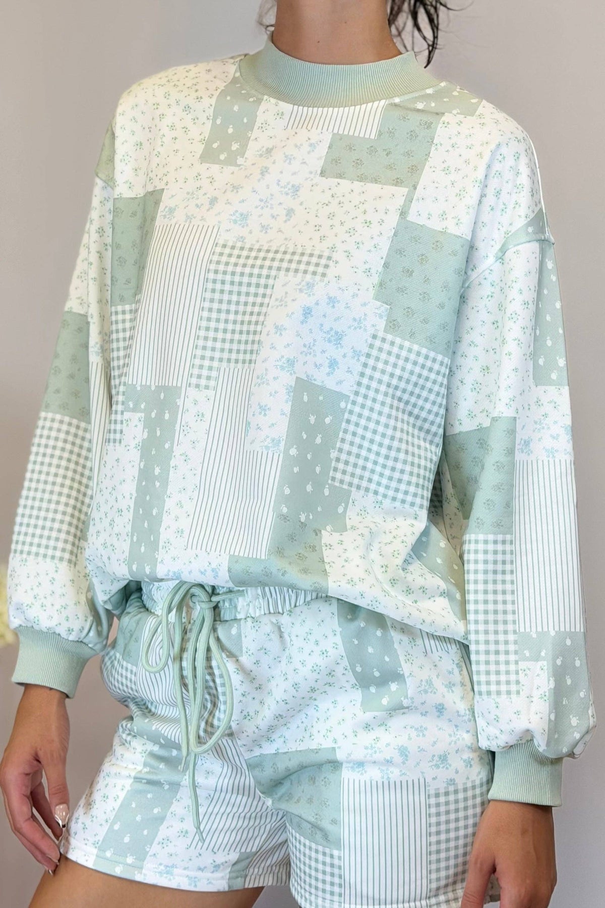 Prissy Patchwork Mock Neck Short Set