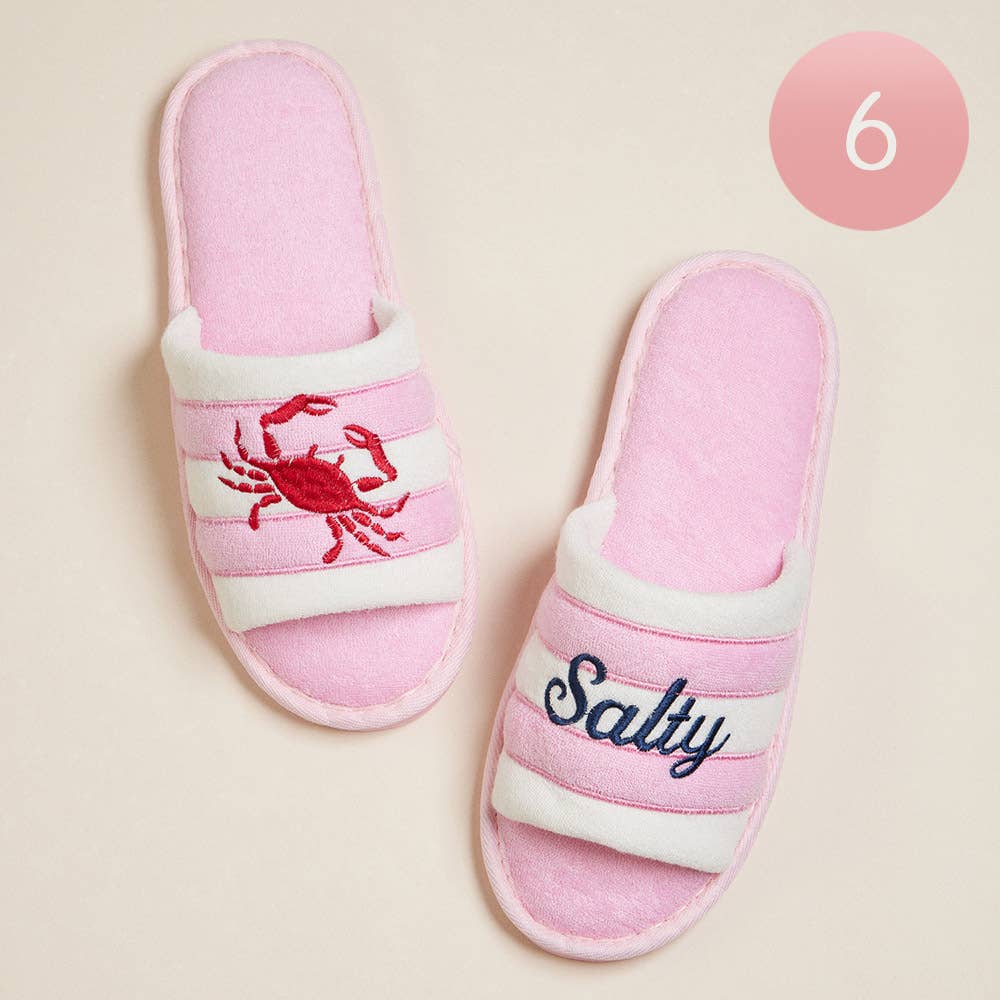Crab Salty Embroidered Striped Indoor Floor Slippers: Pink