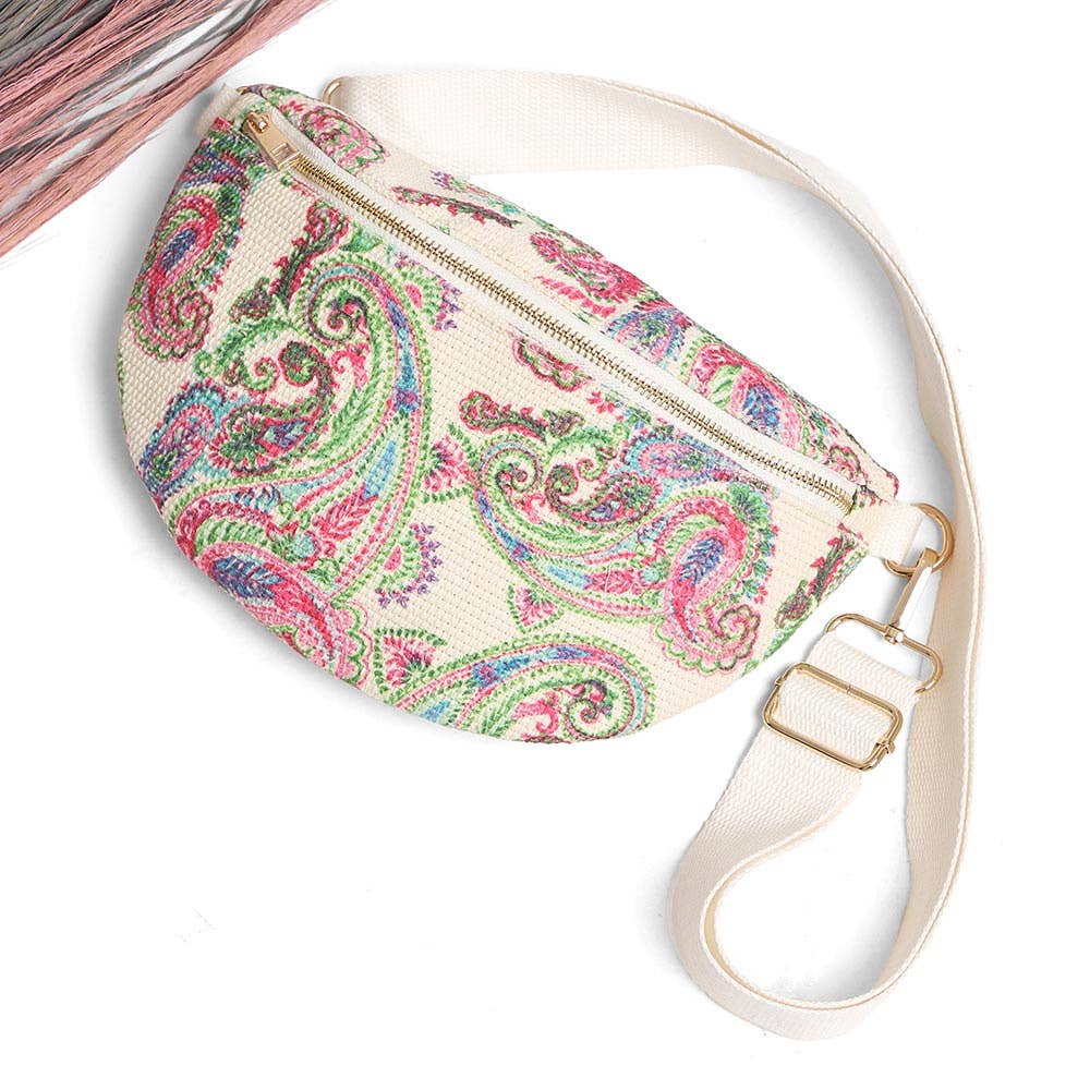 Boho Abstract Embroidered Crossbody Belt Bag / Fanny Pack: PINK GREEN