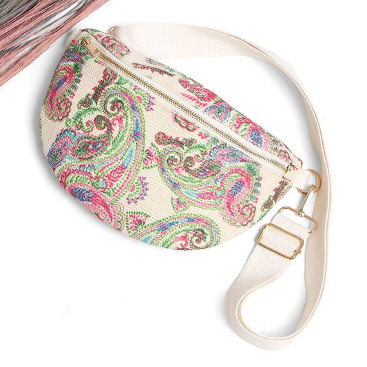 Boho Abstract Embroidered Crossbody Belt Bag / Fanny Pack: PINK GREEN