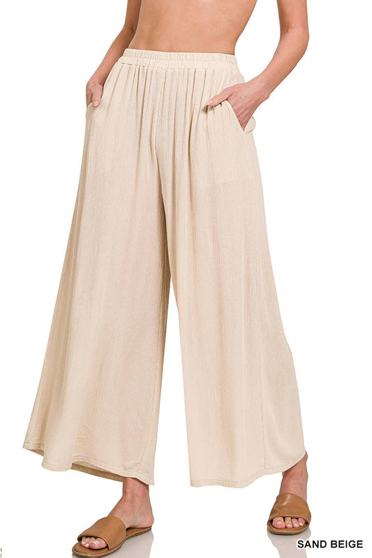 Woven Crinkle Wide Pants With Pockets: SAND BEIGE / 1-1-1-1 (S-M-L-XL)