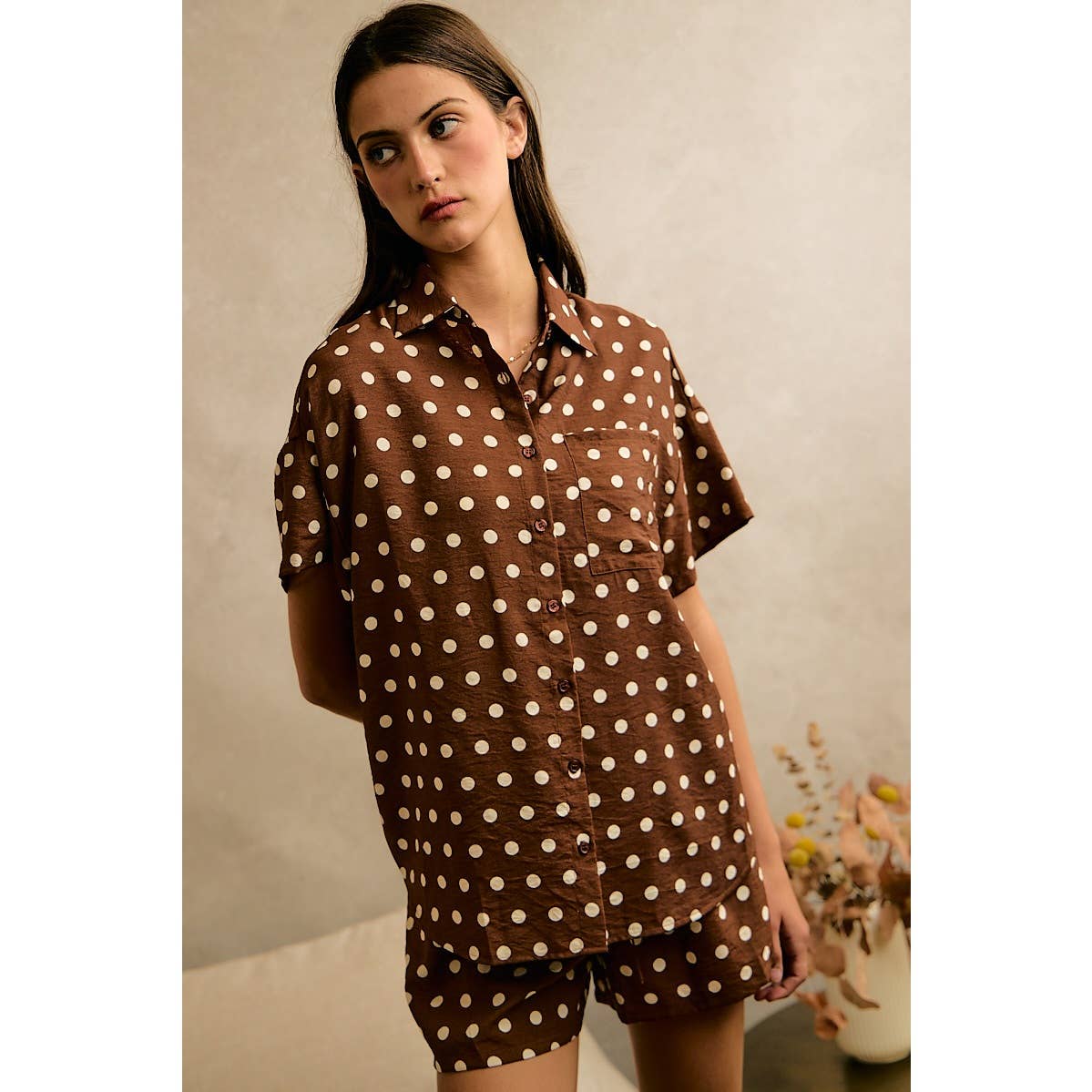 POLKA DOT LINEN SHORT SLEEVE SHIRT