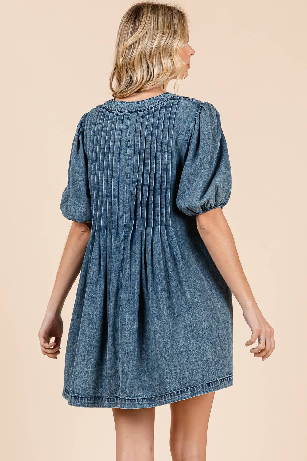 Loose-Fit Denim Pleated Mini Dress,