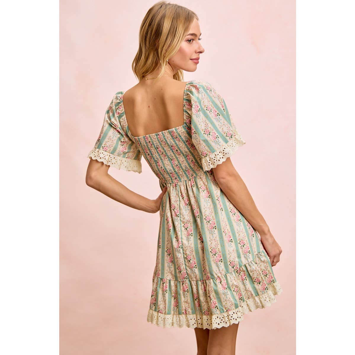 STRIPED FLORAL PRINT SMOCKED DRESS WITH TRIM