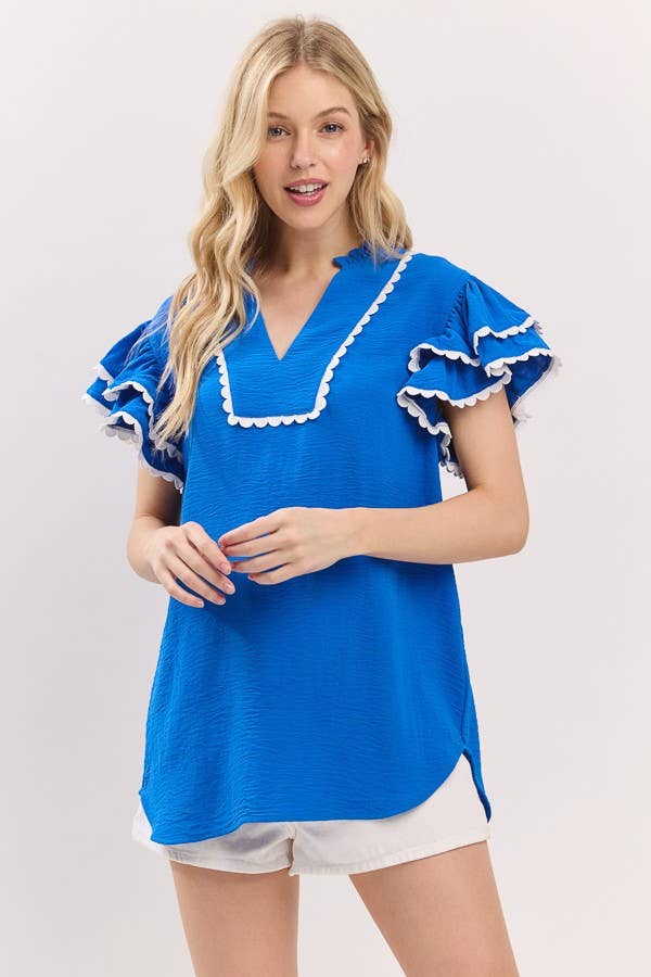 Game day Ruffle Sleeve Scallop Trim Top