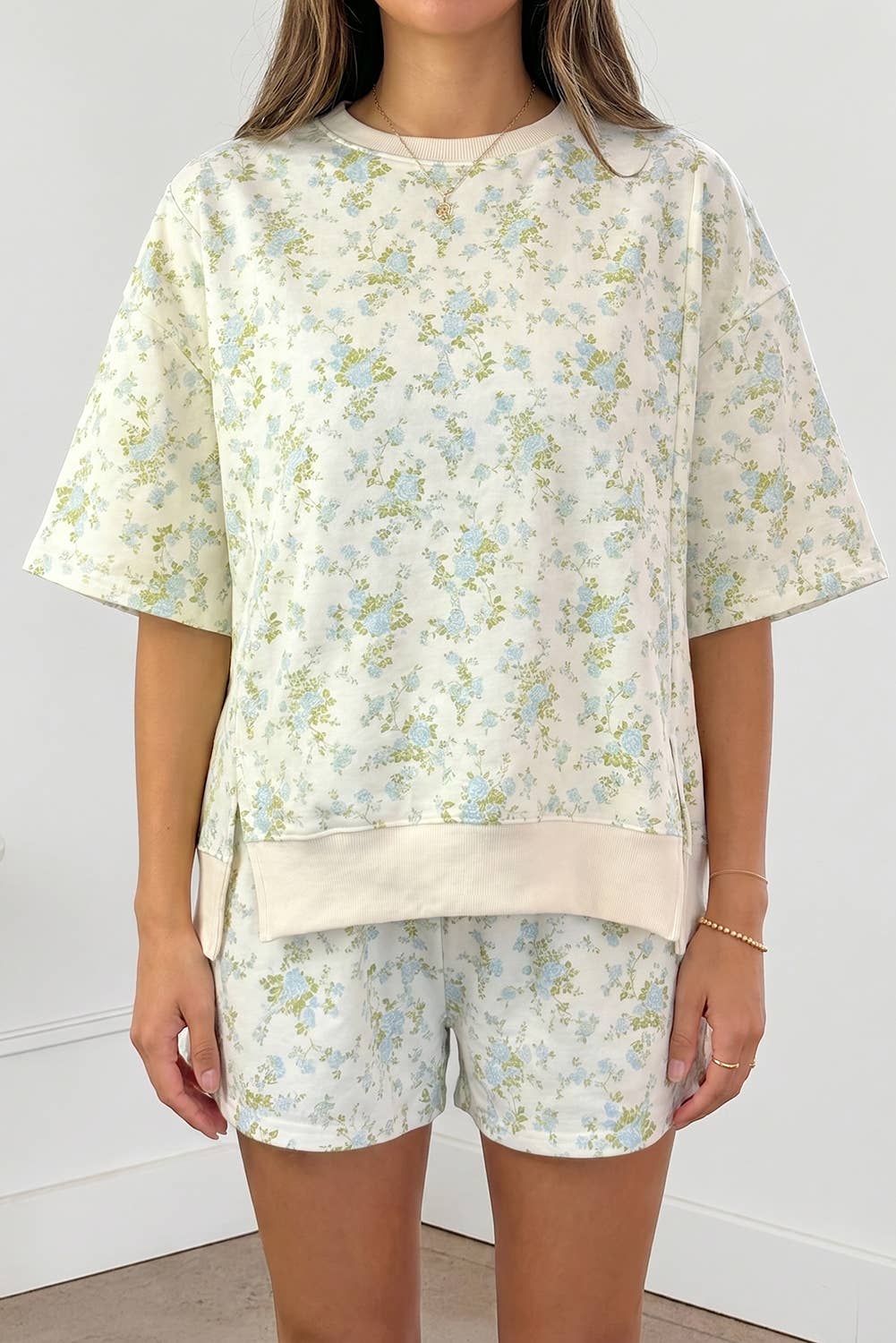 Floral Print Oversized Sweat Tee Elastic Waist Short Set