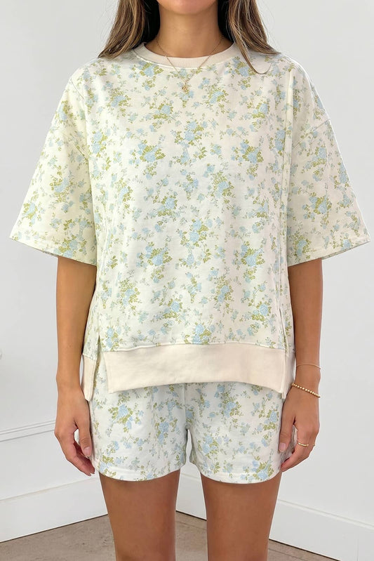 Floral Print Oversized Sweat Tee Elastic Waist Short Set