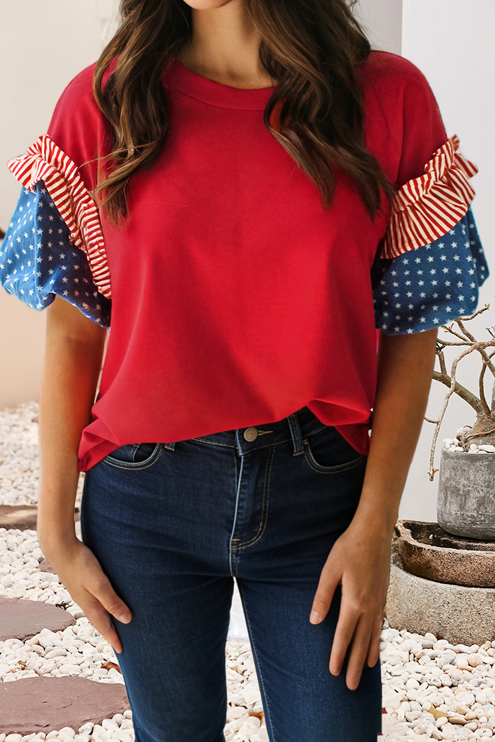 Stars Stripes Round Neck Short Puff Sleeve