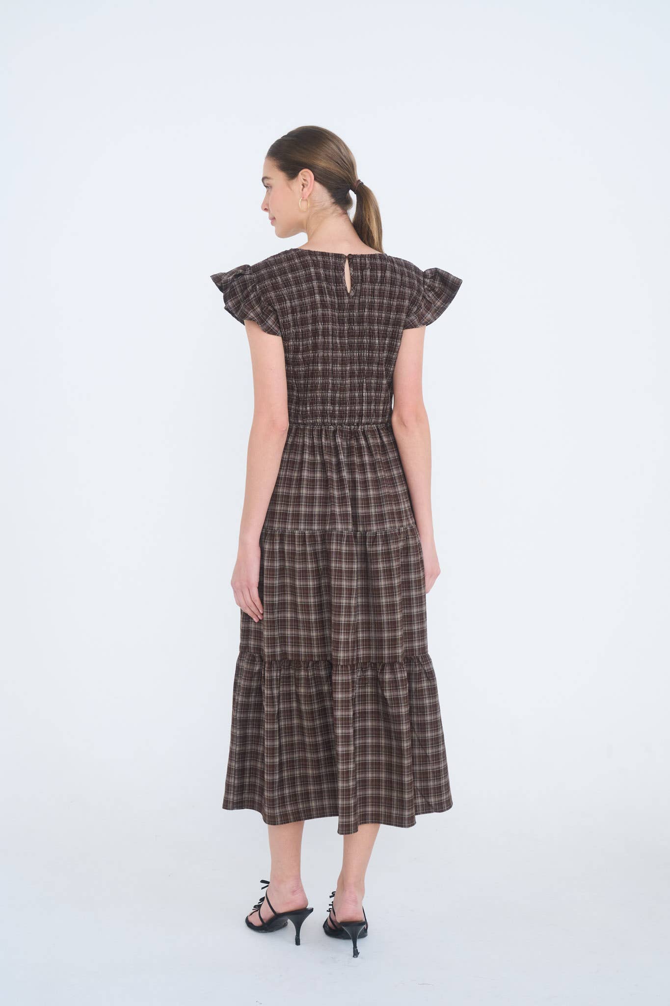 PLAID V NECK SMOCKED TIERED MIDI DRESS