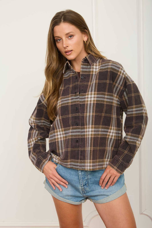 PLAID BUTTON DOWN COLLARED BOXY LONG SLEEVE SHIRT