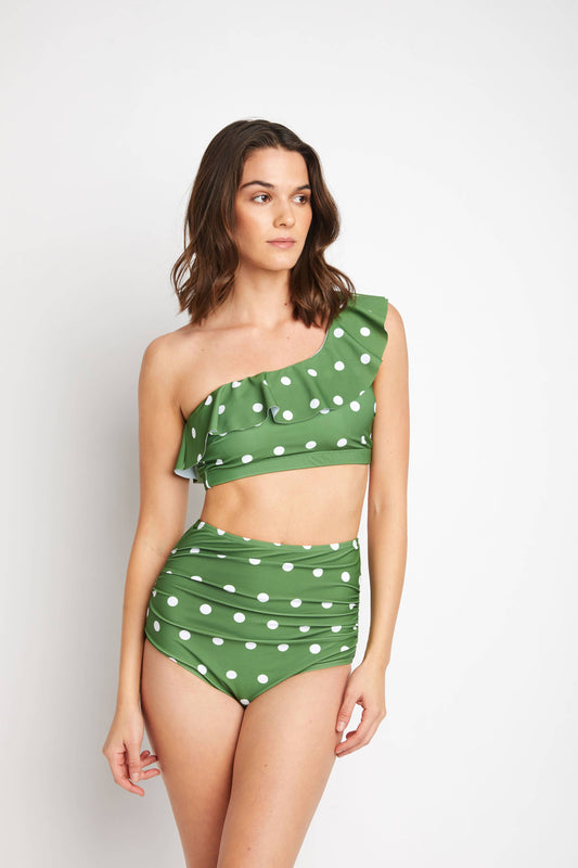 One-Shoulder High Waisted Bikini 2pcs-Olive Wht Dot