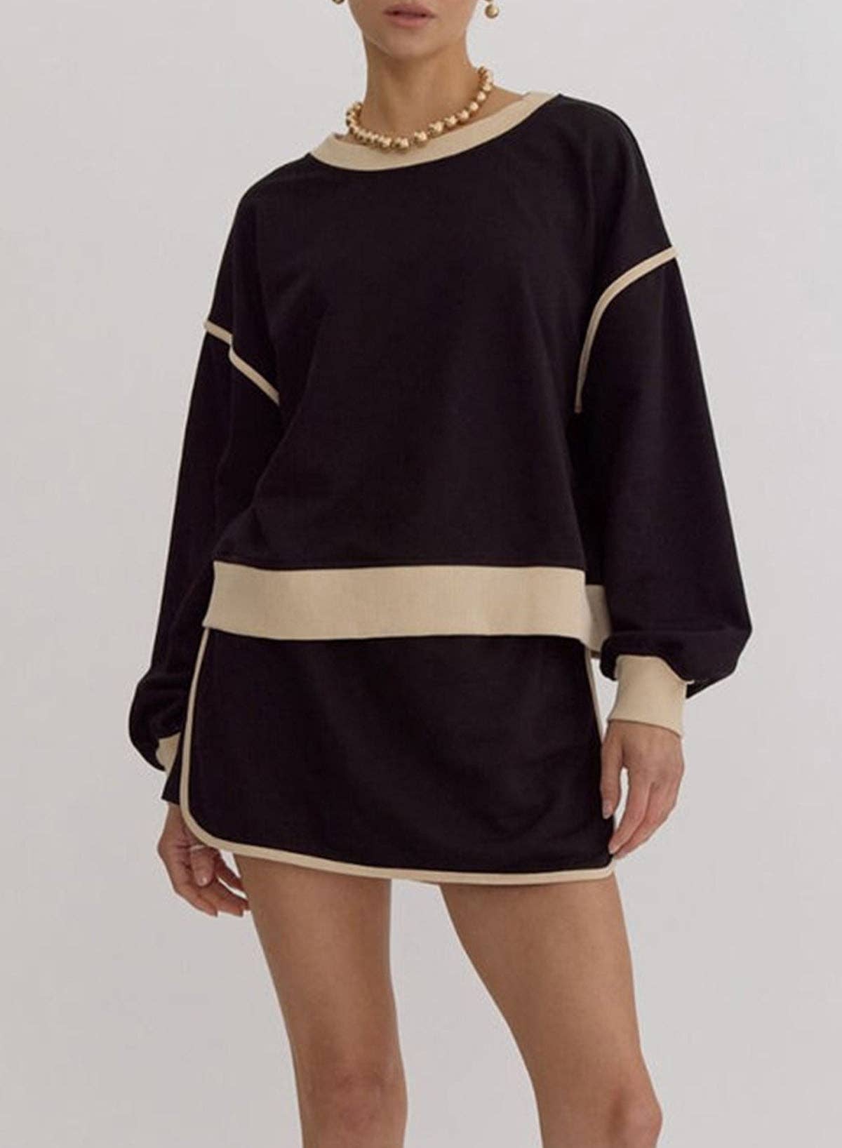 black Contrast Loose Pullover and Lace-up  waist set available in 3 colors