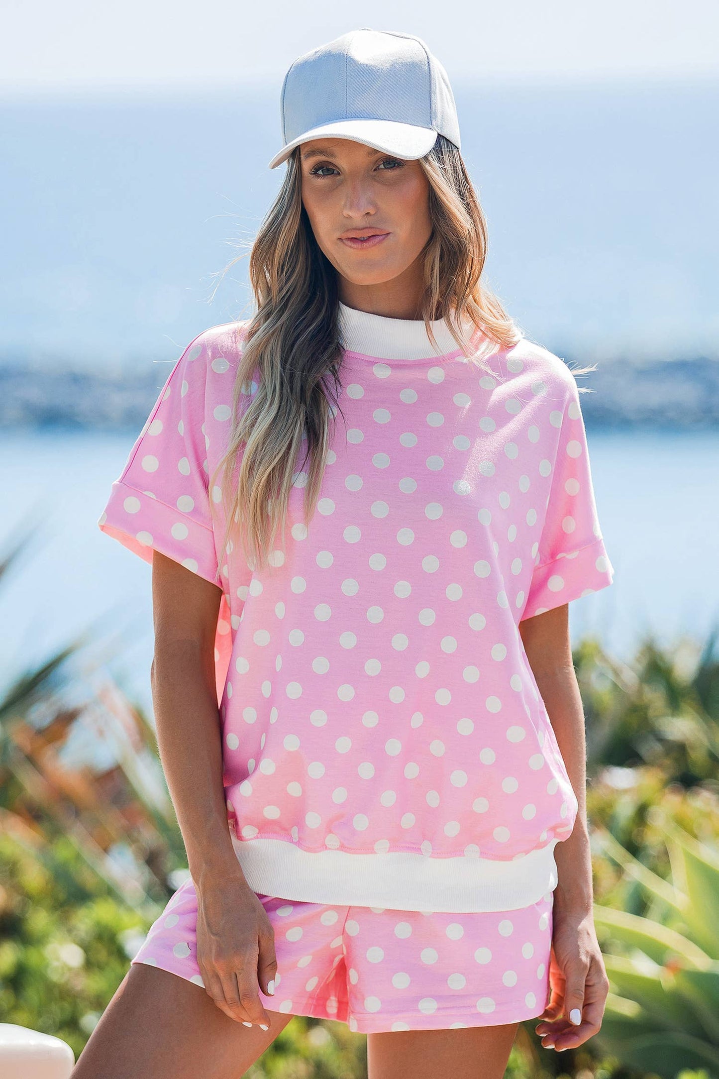 Polka Dot Print Color Block Trim Mock Neck Short Set