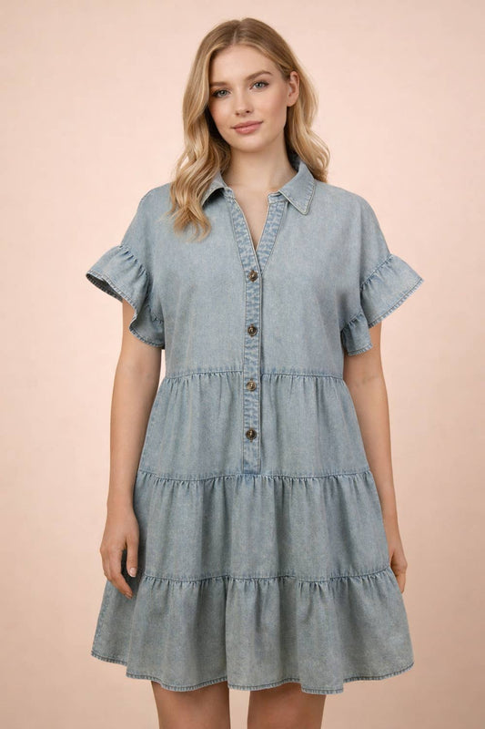 Mineral Washed Chambray Shirt Mini Dress
