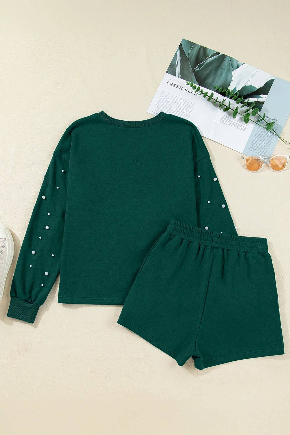 Green Pearl Embellished Drop Shoulder Pullover Elastic Waist Mini Skirt Set