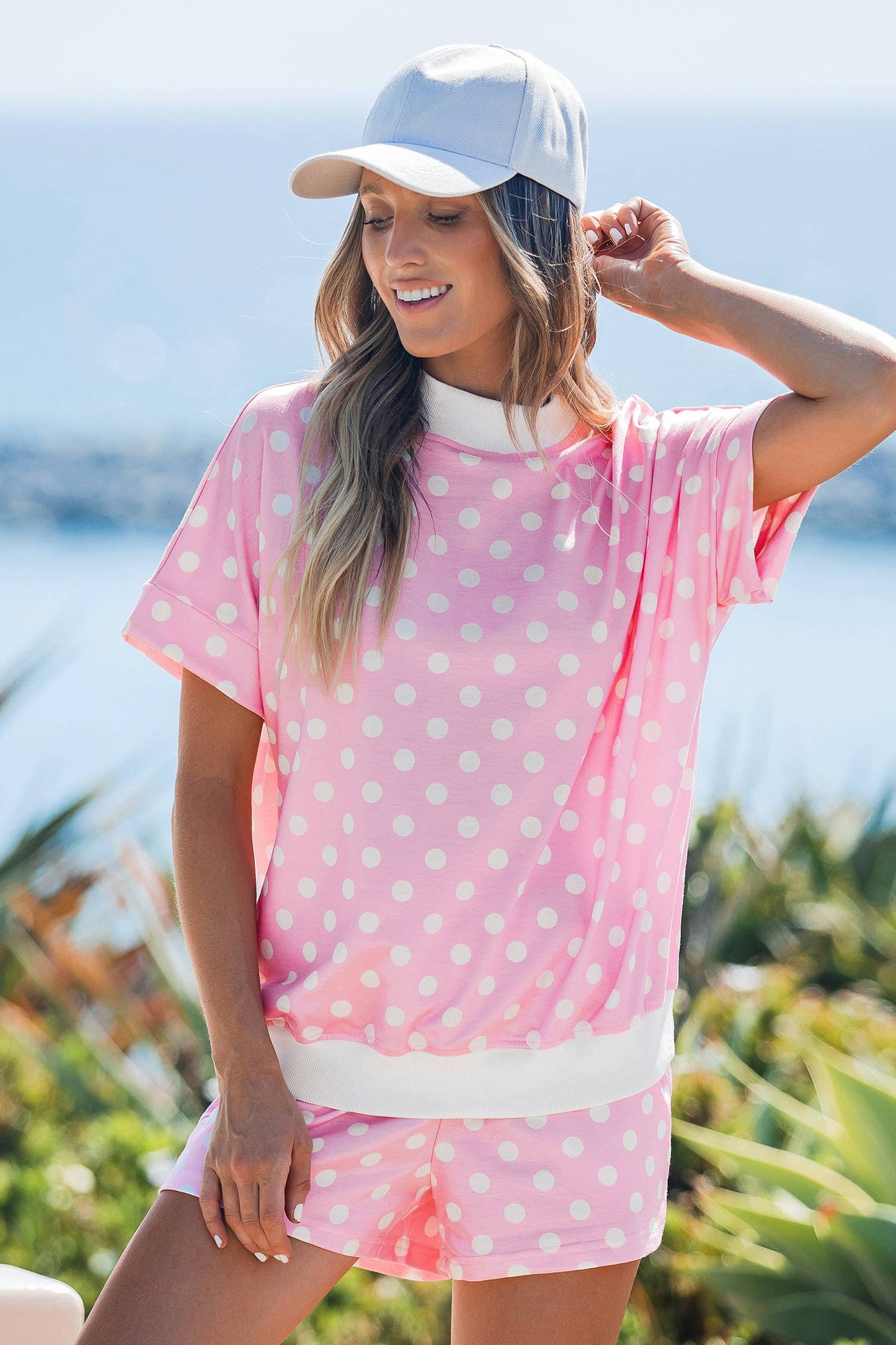 Polka Dot Print Color Block Trim Mock Neck Short Set