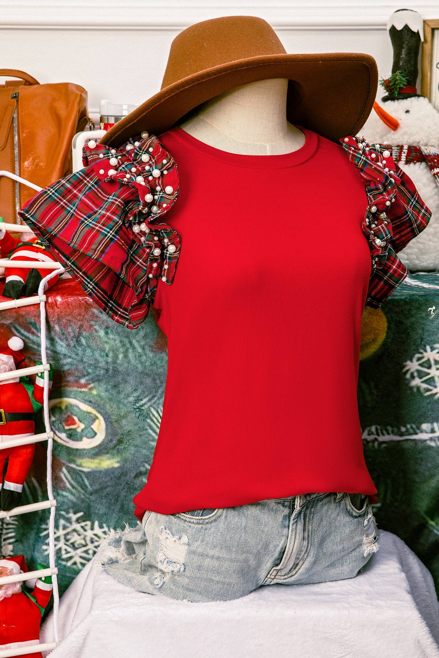 Christmas Plaid Pearl Ruffle Short Sleeve Loose T Shirt