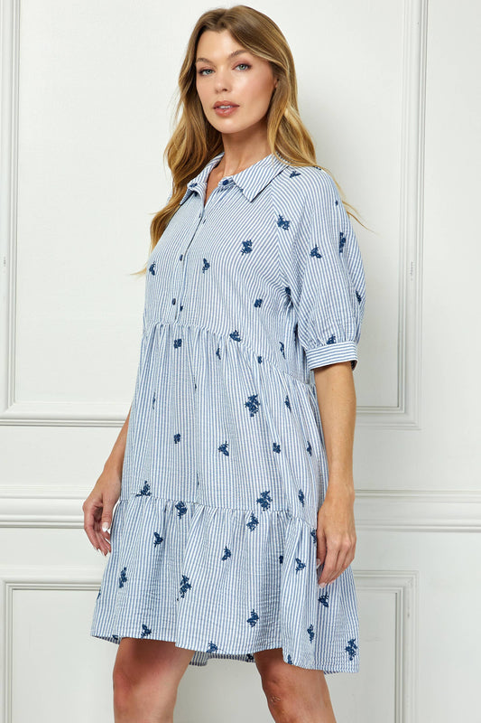 Embroidered stripped collard dress