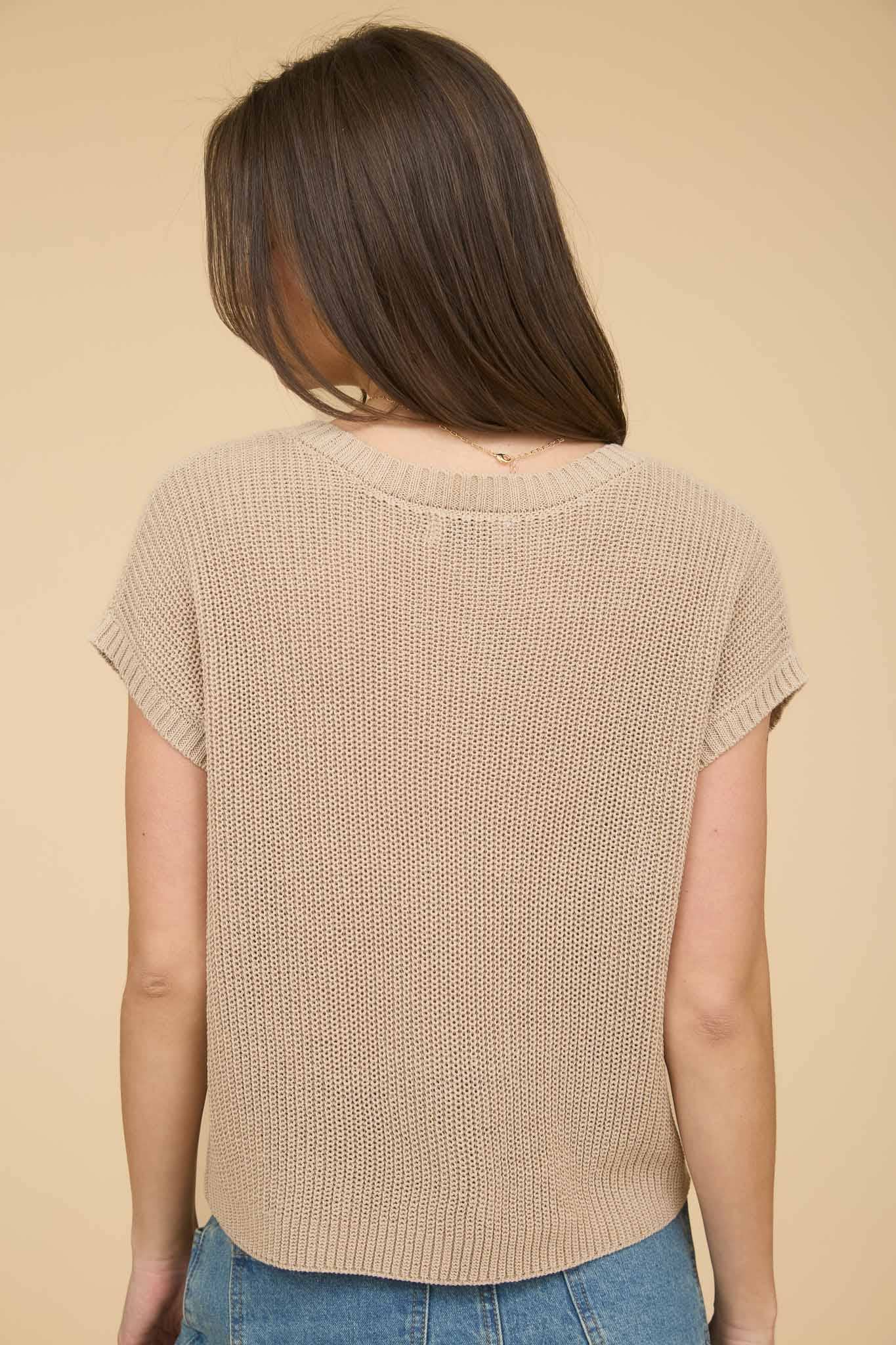 CREW NECK SHORT SLEEVE CROCHET KNIT PULLOVER: TAUPE