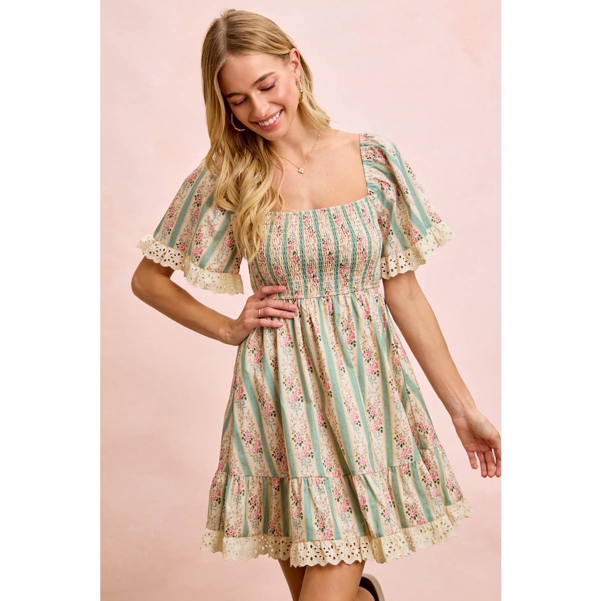 STRIPED FLORAL PRINT SMOCKED DRESS WITH TRIM