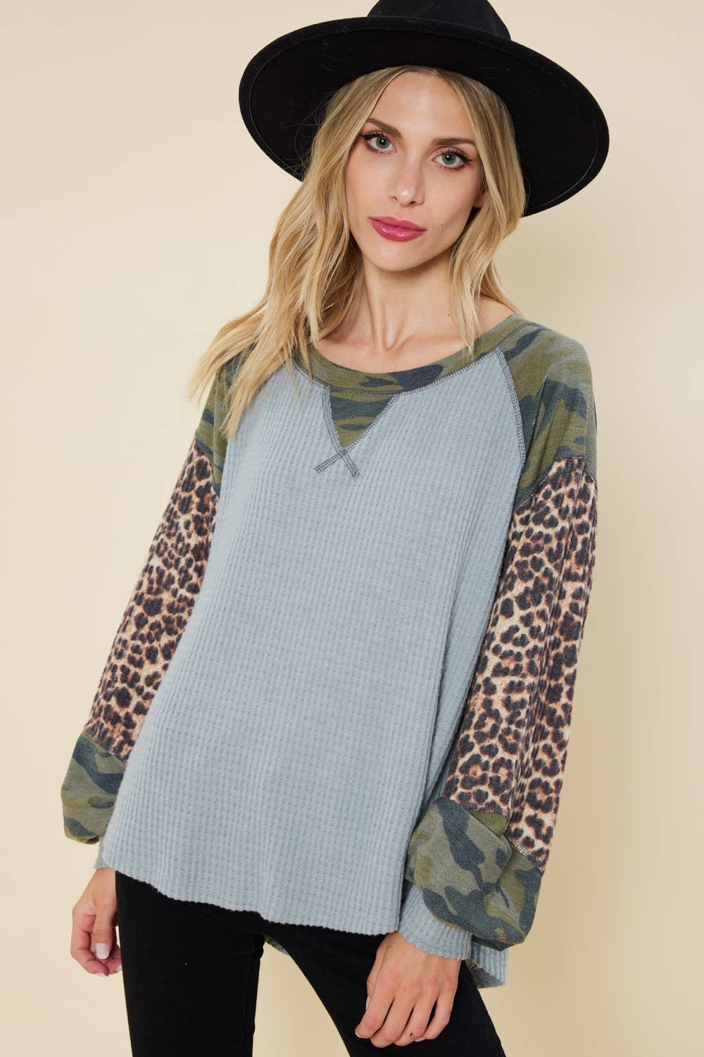 SOLID WAFFLE TOP FEATURING CAMO AND ANIMAL PRINT
