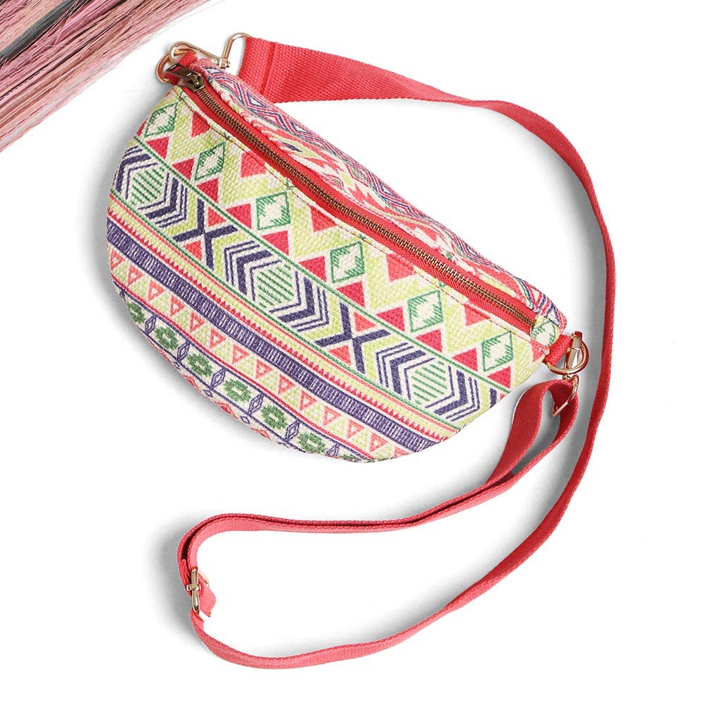 Boho Abstract Embroidered Crossbody Belt Bag / Fanny Pack: PINK GREEN