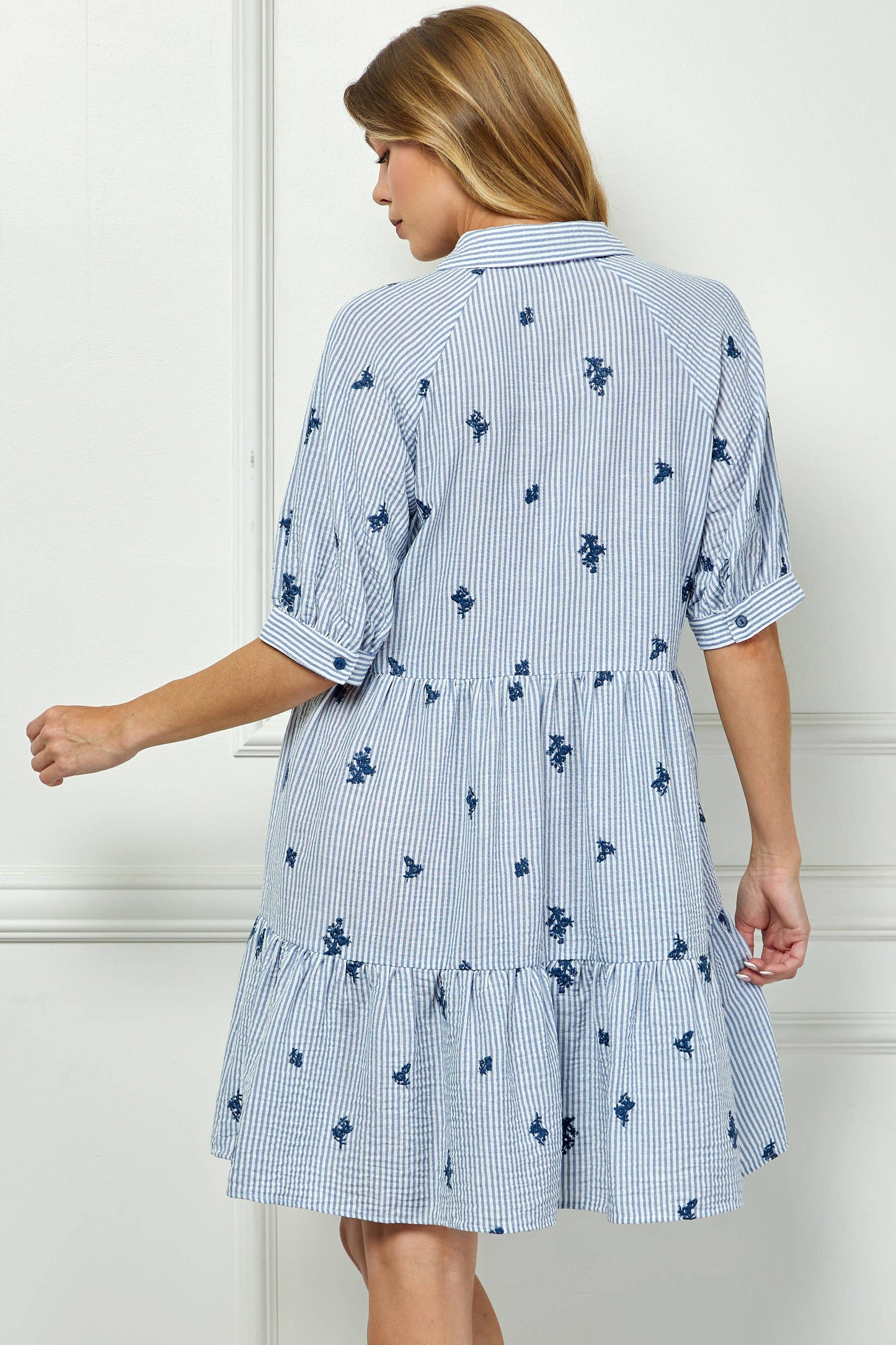 Embroidered stripped collard dress