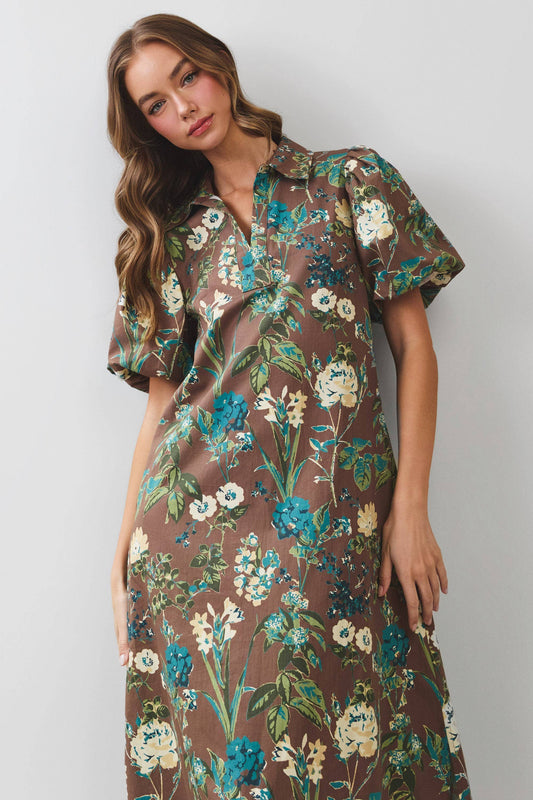 Floral Puff Sleeve Collared Midi Dress
