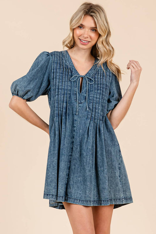 Loose-Fit Denim Pleated Mini Dress,