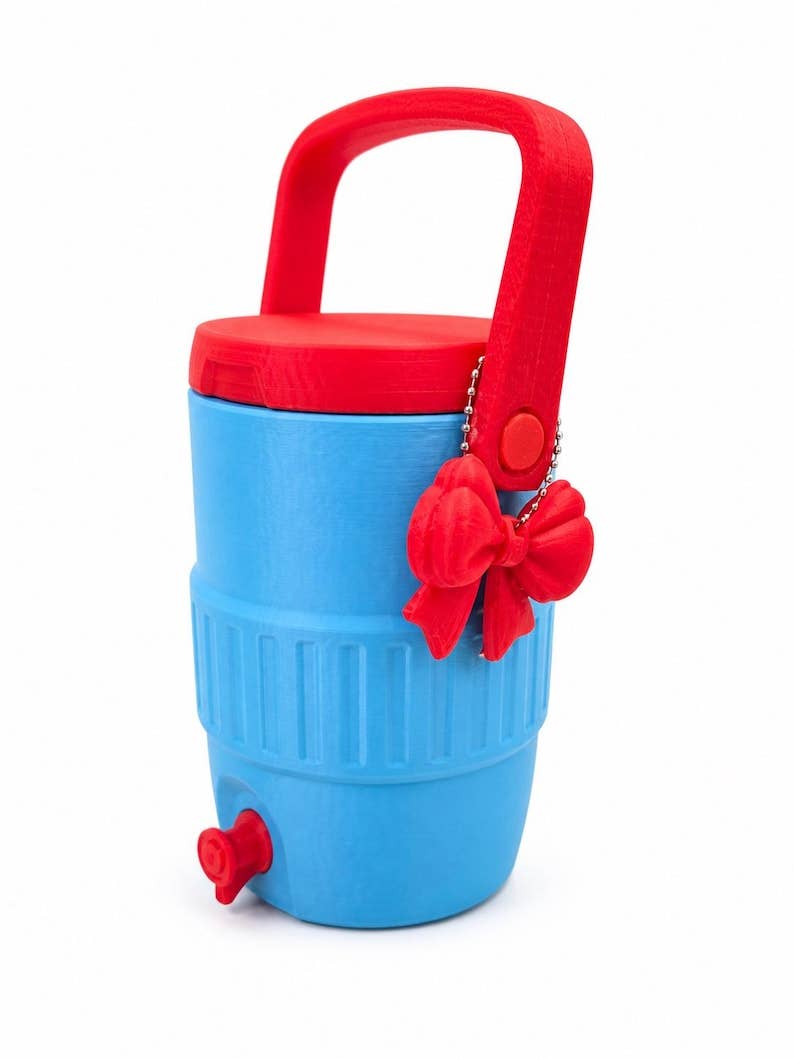 Bub's Trading Post - Blue and Red 12 oz Can Cooler with Handle | 3D Printed Drink Holder with Spout | Cute Bow Cup Holder | Portable Beverage Cooler