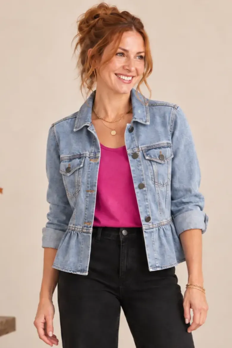 PEPLUM HEM BUTTON FRONT DENIM JACKET