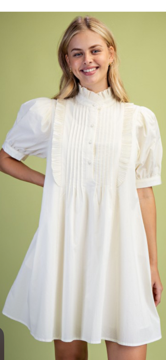 Ivory pleated fluttered neck dress