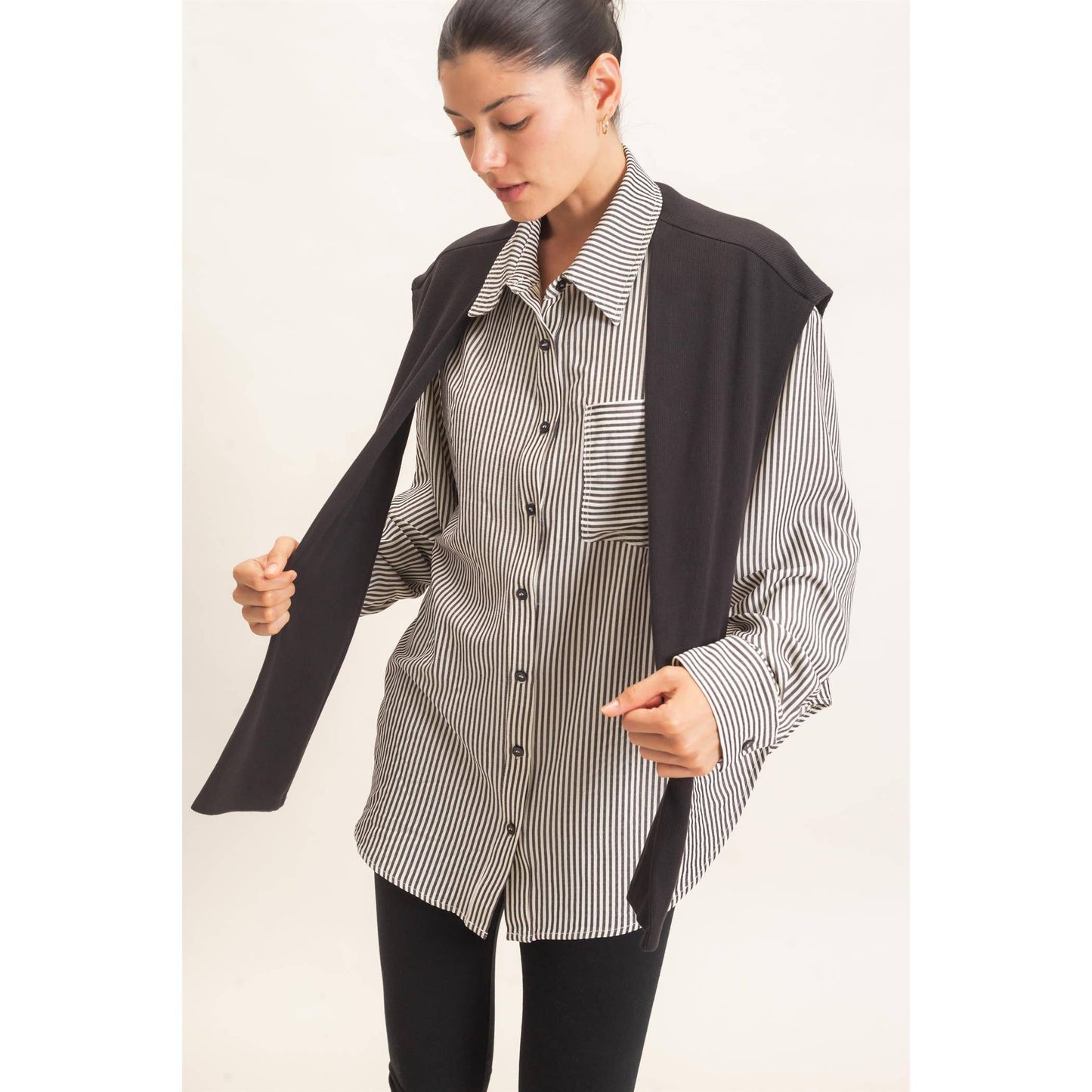 Striped Button-Up Shirt With Faux Tie