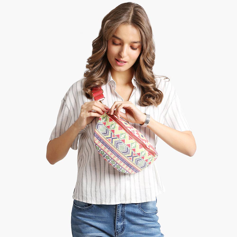Boho Abstract Embroidered Crossbody Belt Bag / Fanny Pack: PINK GREEN