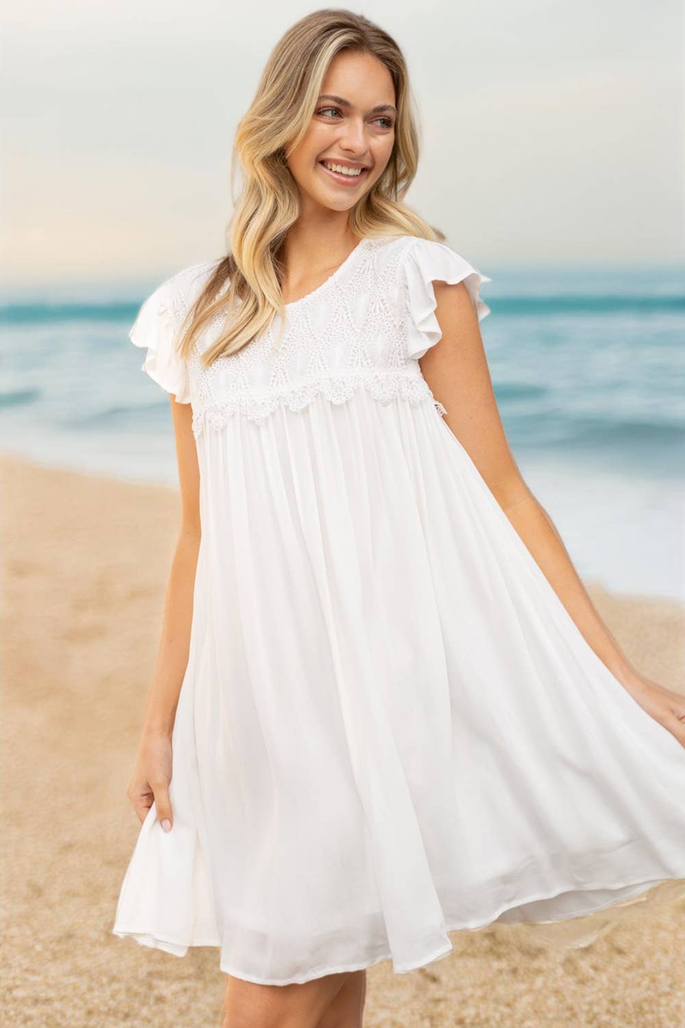 Coming soon!Scallop Laced Yoke Ruffle Sleeve Dress