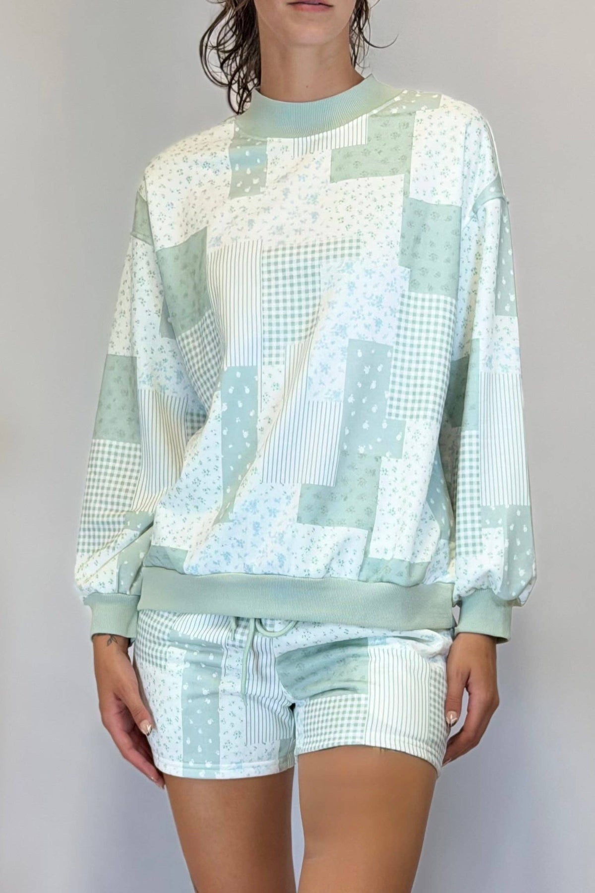 Prissy Patchwork Mock Neck Short Set