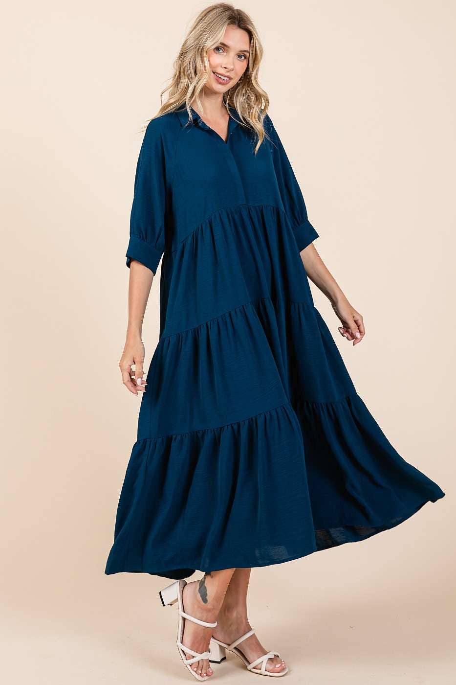 mittoshop - AIRFLOW COLLAR BUTTON FRONT TIERED MAXI DRESS