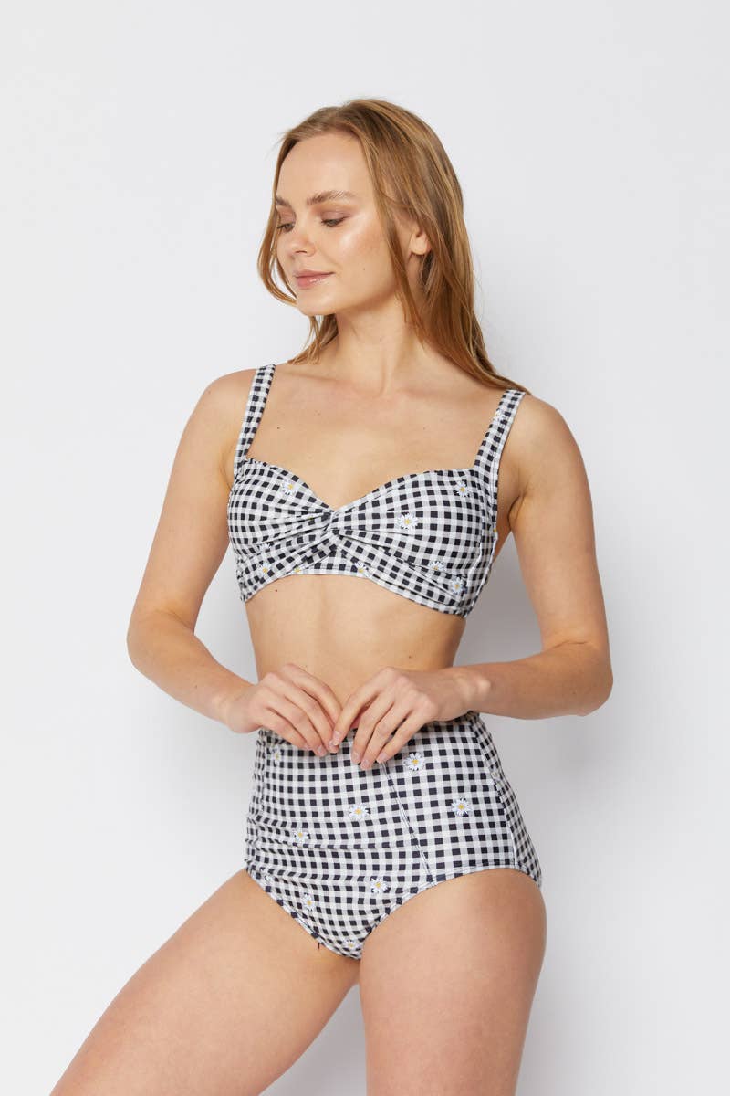Vintage style high waisted 2 piece swim -GinghamDaisy Blk