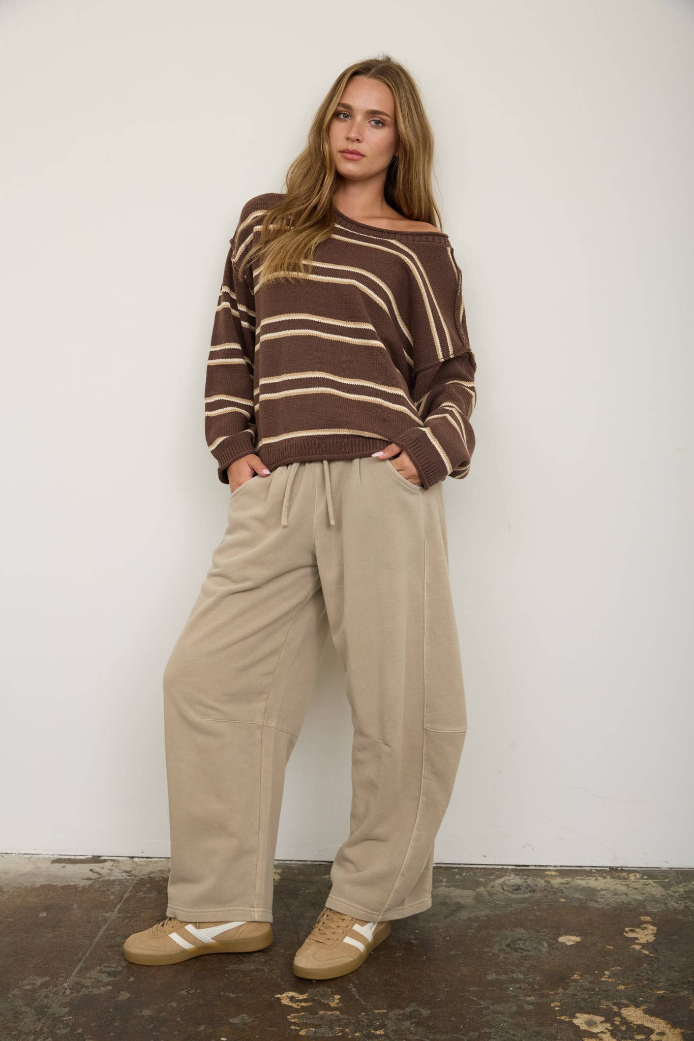 SMOCKED WAIST DRAWSTRING BARREL LEG SWEATPANTS