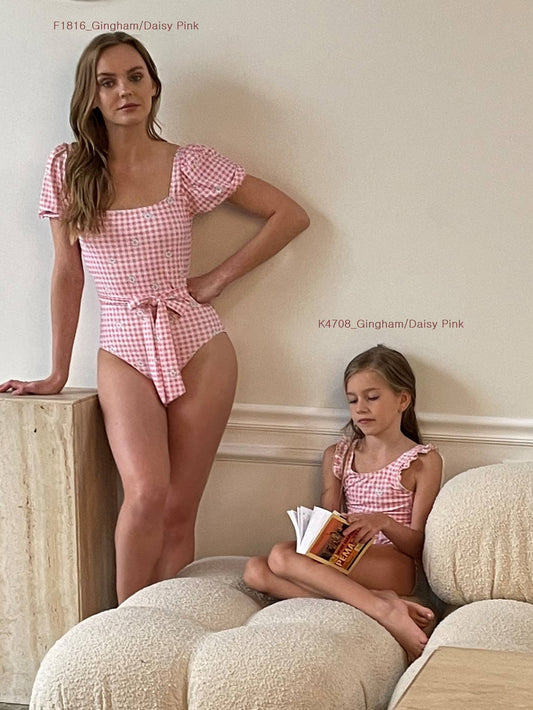 Puff sleeve 1pc-Gingham Daisy Pink