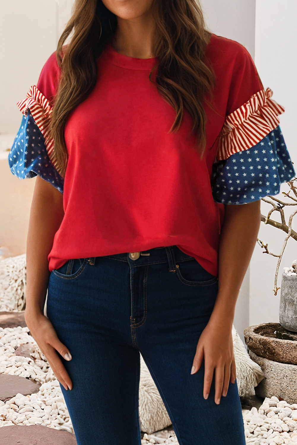 Stars Stripes Round Neck Short Puff Sleeve