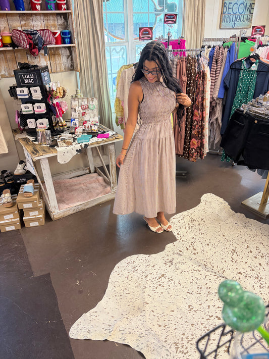 SMOCKED GINGHAM TIERED SLEEVELESS MIDI DRESS