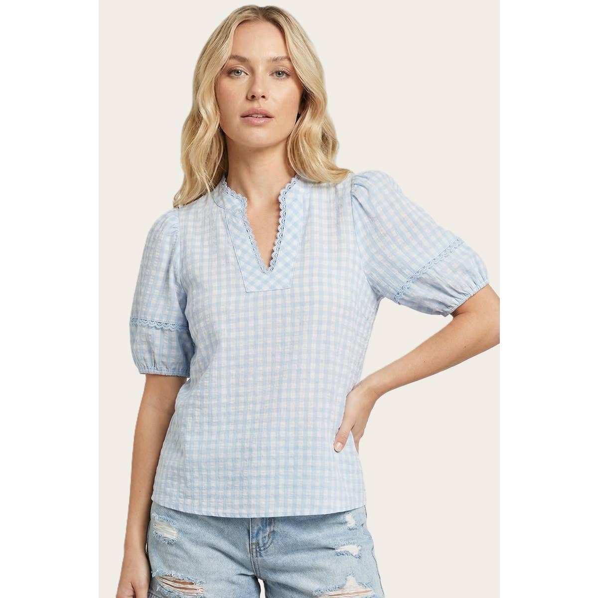 GINHAM PUFF SLEEVE TOP
